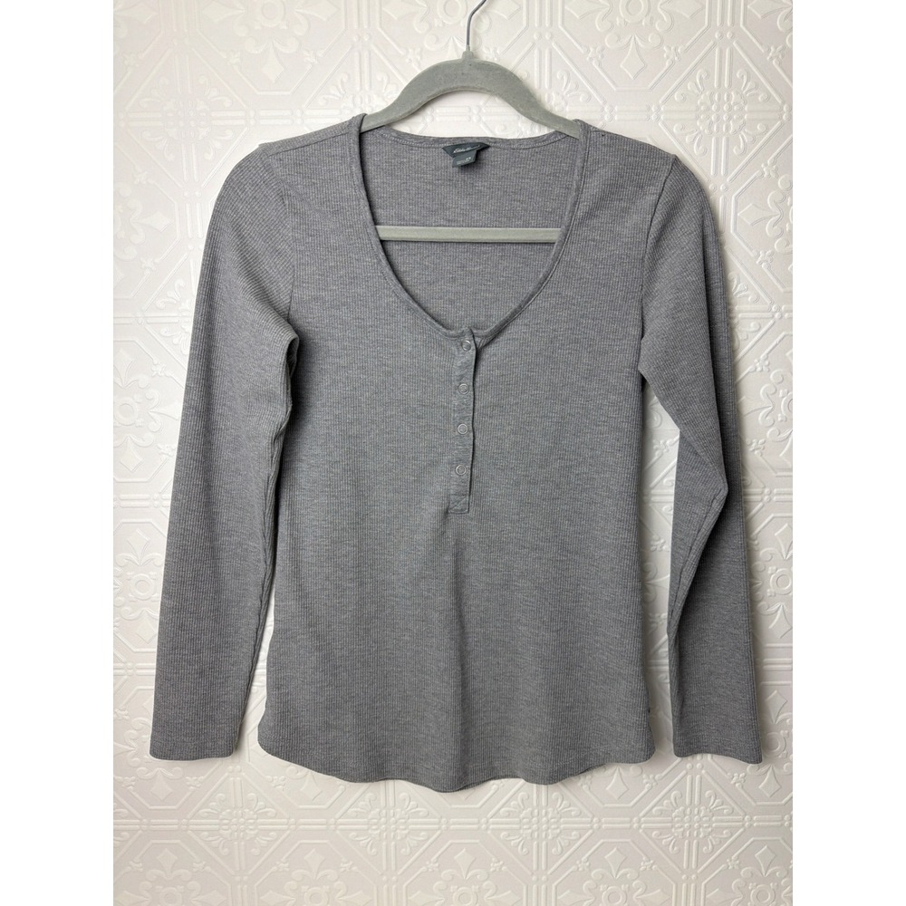Eddie Bauer Waffle Henley Women XS Grey Stretch Y2K Casual Layer Fitted Basic